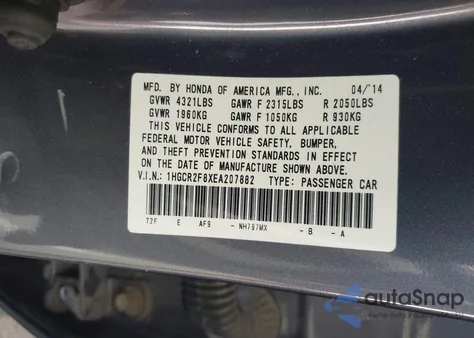 2014 Honda Accord Ex-L из США, поврежденный, VIN 1HGCR2F8XEA207882